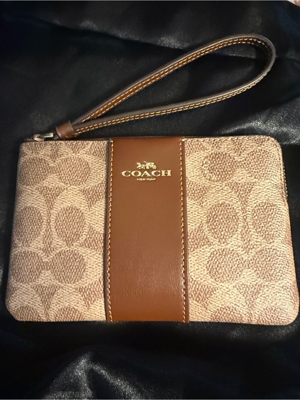 Coach Brown Signature Canvas Wristlet with Tan Leather Stripe